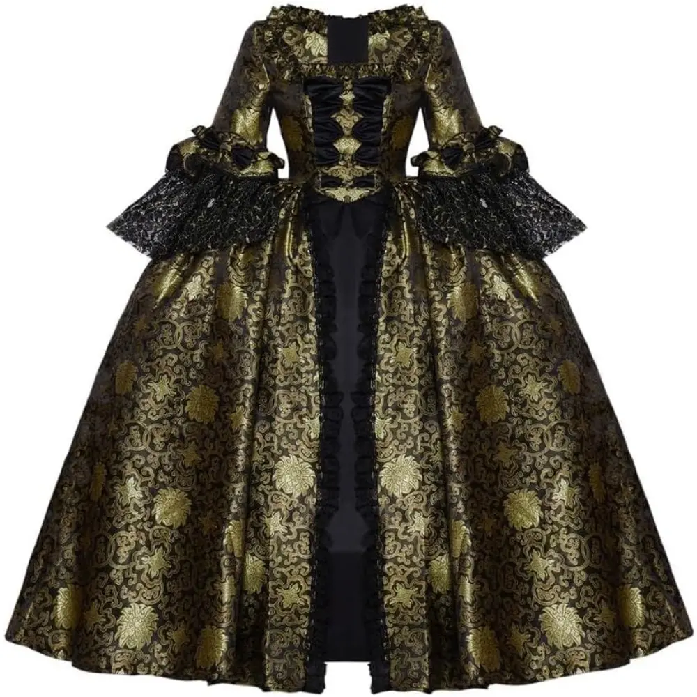 Women's Marie Antoinette Style Ball Gown, Gold and Black Sleeveless Formal Dress with a Full Skirt and Lace Corset Bodice, Garment, Lady, Hip, Baroque, Elegance, Cosplay, Rococo, 3Xl, Xxxl, Lace Trim, Polyester, Corseted