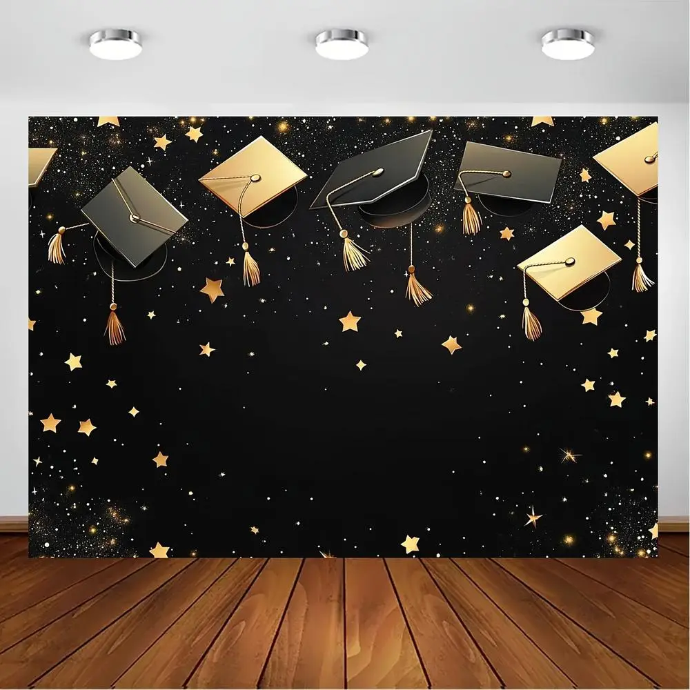Reusable Polyester Graduation Tapestry Banner - 1pc Horizontal Backdrop, Elegant Golden Caps & Stars on Black Background, Lightweight Peach-Light Beige Fabric for Graduation Ceremony, Happy Birthday Occasion, Indoor/Outdoor Decor