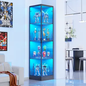 BROTTAR Corner Display Cabinet with Glass Doors, Aesthetic Display Case with 3 Color Light, 4-Tier Curio Cabinet & Bookcase for Collectibles, Toys, Books, for Playroom, Bedroom, Study Room, Black/White