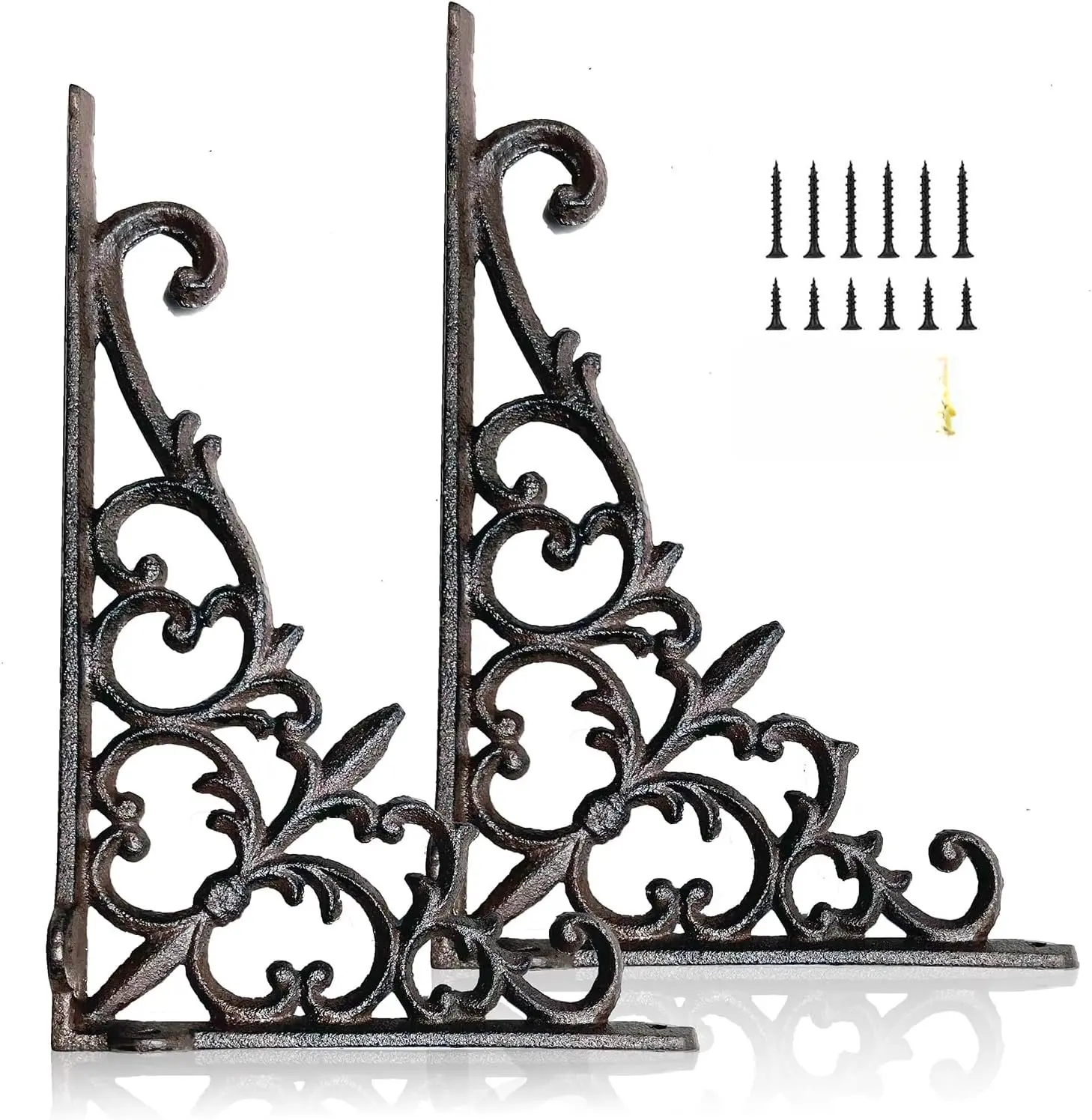 Decorative Shelf Brackets, 6 x 9 inch, Cast Wrought Iron Metal Mailbox Bracket, 90 Right Angle Victorian Brackets, Wall Decor, Modern Shelving Bracket for DIY Floating Shelves, 2 count