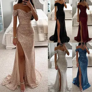 Lor 2025 Party Sequin Off-Shoulder Slit Dress Womenswear Formal ball gown dress guest dresses