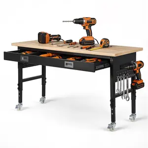 【Fathers Day Gift】VEVOR Freestanding Heavy Duty Oak Wood Workbench (60x24x39.2 in, 89.9 lbs), 6 Adjustable Heights, 1500 lbs Load Capacity, Drawer, Power Outlet, Wheels, Pegboard for Garage, Workshop
