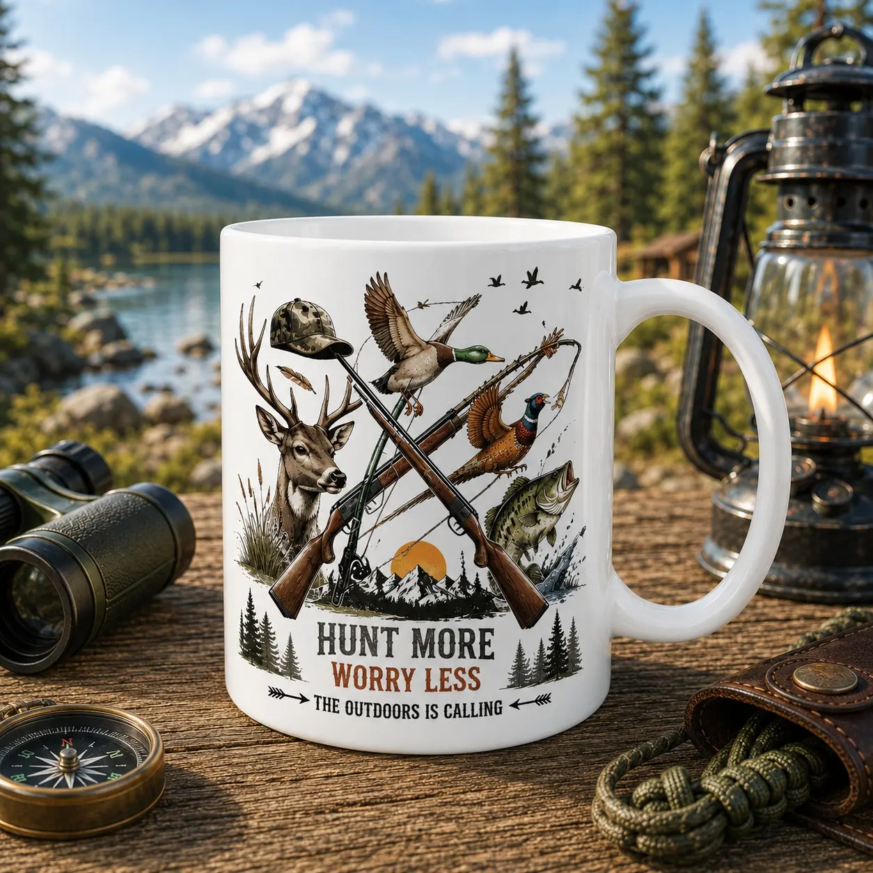 Hunt More Worry Less Hunting Coffee Mug, Deer Duck Pheasant Fishing Hunter Gift Mug, Outdoor Lover Ceramic Cup