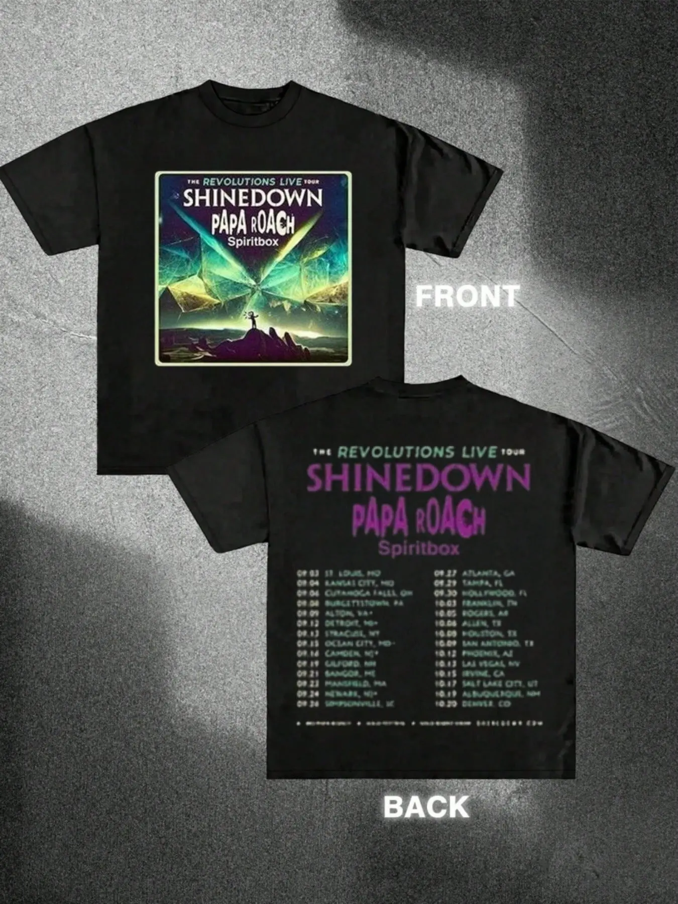 Menswear Casual Short-Sleeve Tee, 1Pc 220g 100% Cotton Double-Sided Digital Printed T-Shirt, The Revolutions Live Tour Shinedown Papa Roach Spiritbox Design, Shortsleeve