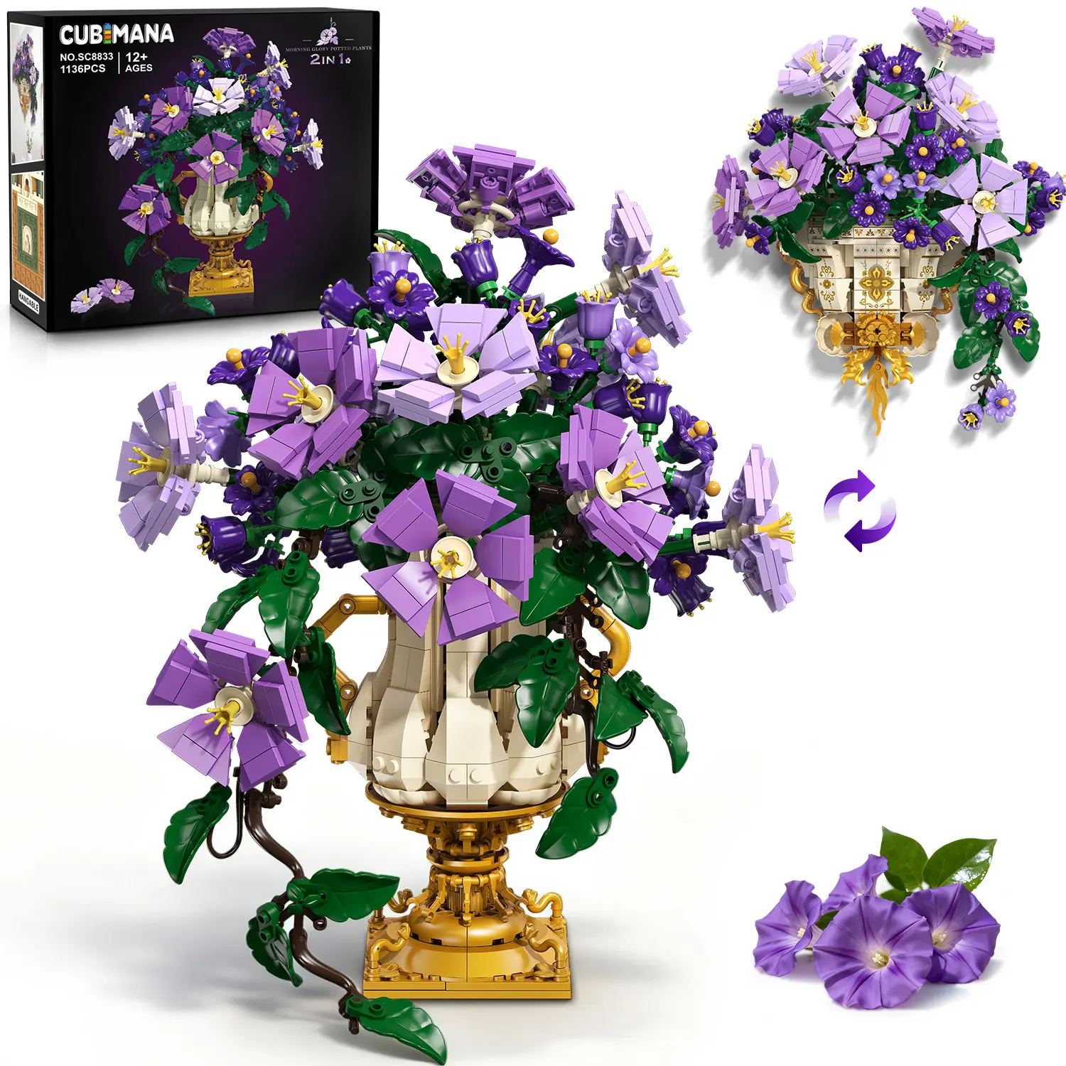 CUBIMANA 2-in-1 Morning Glory Bonsai & Botanicals Building Set with Vase, 1136PCS Model Building Kit for Adults 12+, Vintage Home Decor Birthday Gift