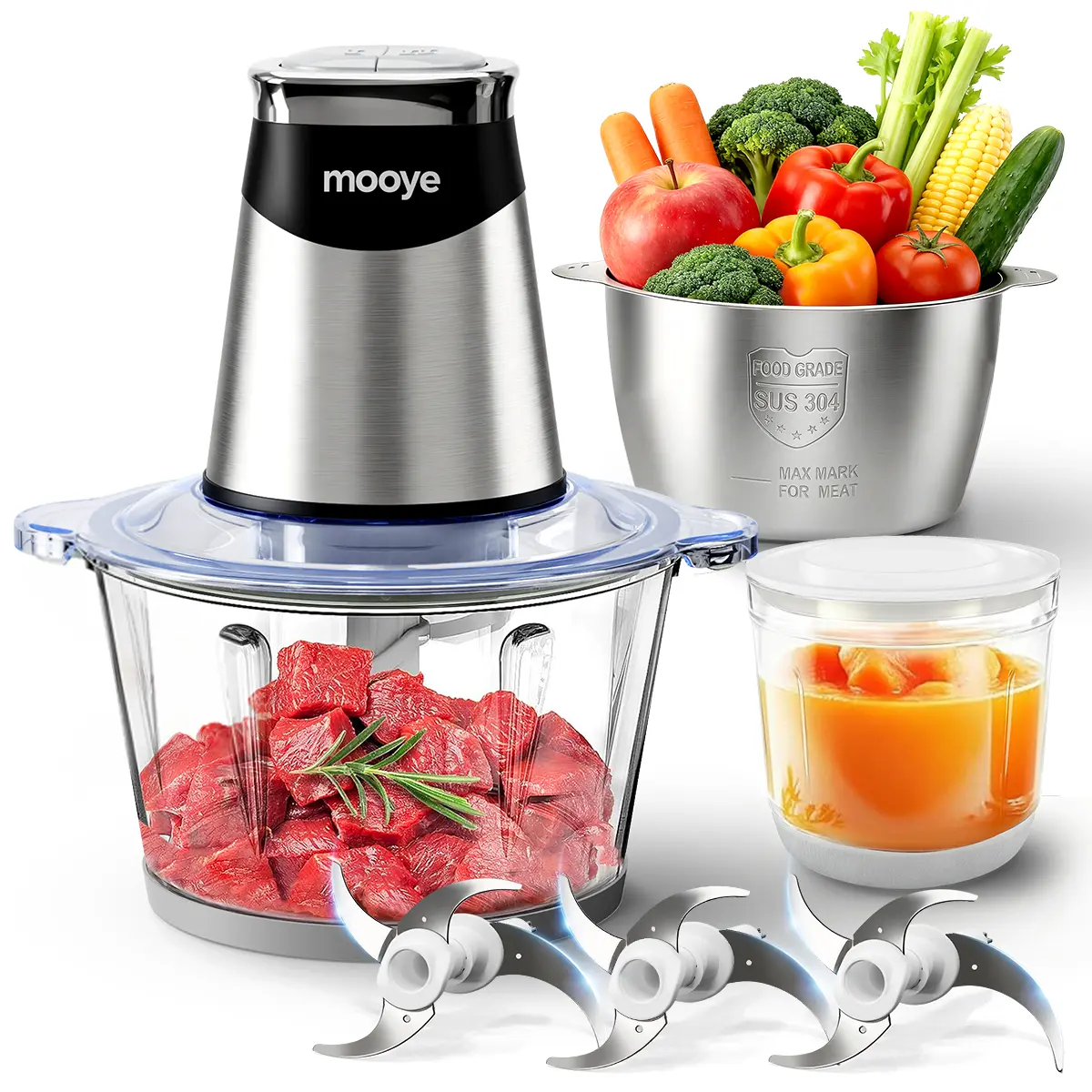 【Deals For You Days】Mooye Food Processors 400W Small 2-Speed Multifunctional  Meat Grinder Food  with 3 Bowls（8Cup+8Cup+3Cup）& 3 Bi-Level Blades Grind Meat Fish Baby Food Veggies Nuts restaurant equipment machines summerwins chopper  electric quiet design