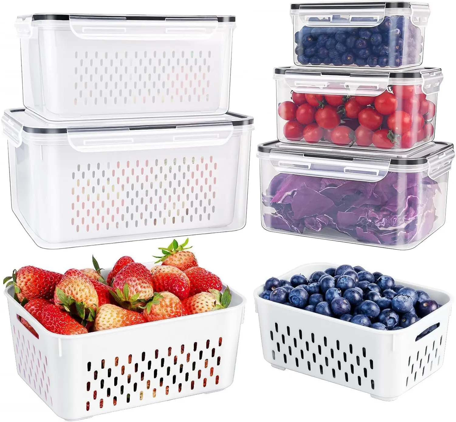 Kitchen 5 PCS Multi-Size Stackable Durable PP Plastic Food Storage Containers Kit - 300ml to 4200ml Leakproof Freezer Containers, Dishwasher & Microwave Safe, Perforated Removable Colander, Utensils-Friendly for Berries, Meal Prep