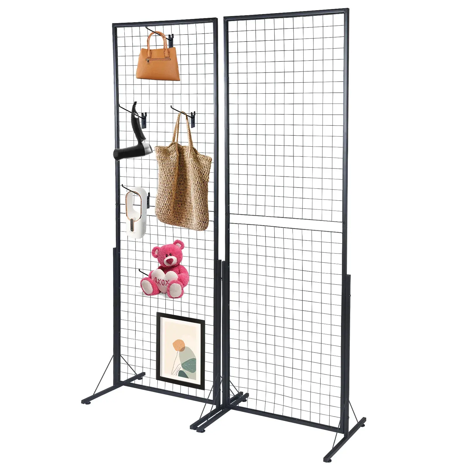 2-Pack 24"x67" Commercial Grid Wall Display Racks with T-Base Stand, Double-Sided Wire Panel System for Retail Stores & Craft Fairs, Includes Hooks & Clips