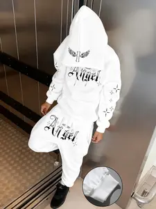 Men's Angel+ Wing Cross Print Hoodie Set, Fleece Lined Hooded Sweatshirt & Elastic Waist Joggers, Comfortable Warm Street Style