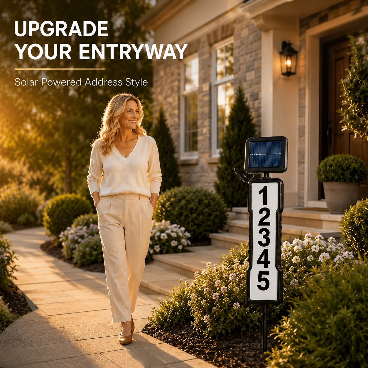 Solar ground-in illuminated house number sign, outdoor waterproof LED address light, suitable for yards, driveways, and pathways, highly visible and easy to read, easy to install