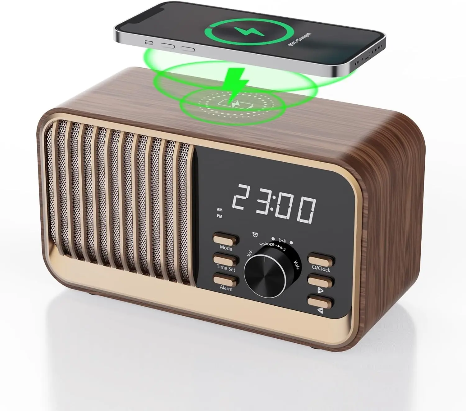 Retro Bluetooth Speaker With Fast Wireless Charger, Bluetooth 5.3 FM Radio 18H Long Playback, USB Port MicroSD Card Slot 8W Stereo Sound, Dual Tone Alarm Clock, Portable Indoor Outdoor Music Player For Bedroom Desk Nightstand Gift