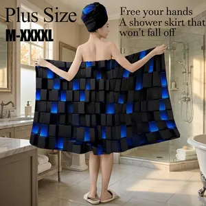 2 Pcs Blue Black Geometric Bath Wrap Towel Set with Hair Wrap, Plus Size M-XXXXL, Non-Slip Absorbent Shower Skirt, Versatile for Spa, Beach & Daily Use, Great for Holiday Gifting