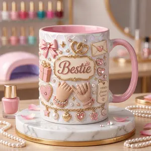 Personalized Friendship Mug, 2D Printed 3D Effect Pink Pinky Promise Coffee Cup with Custom Name, Cute Bestie Mug for Women Girls and Friends, Stylish Keepsake Drinkware, Perfect Birthday Appreciation Gift