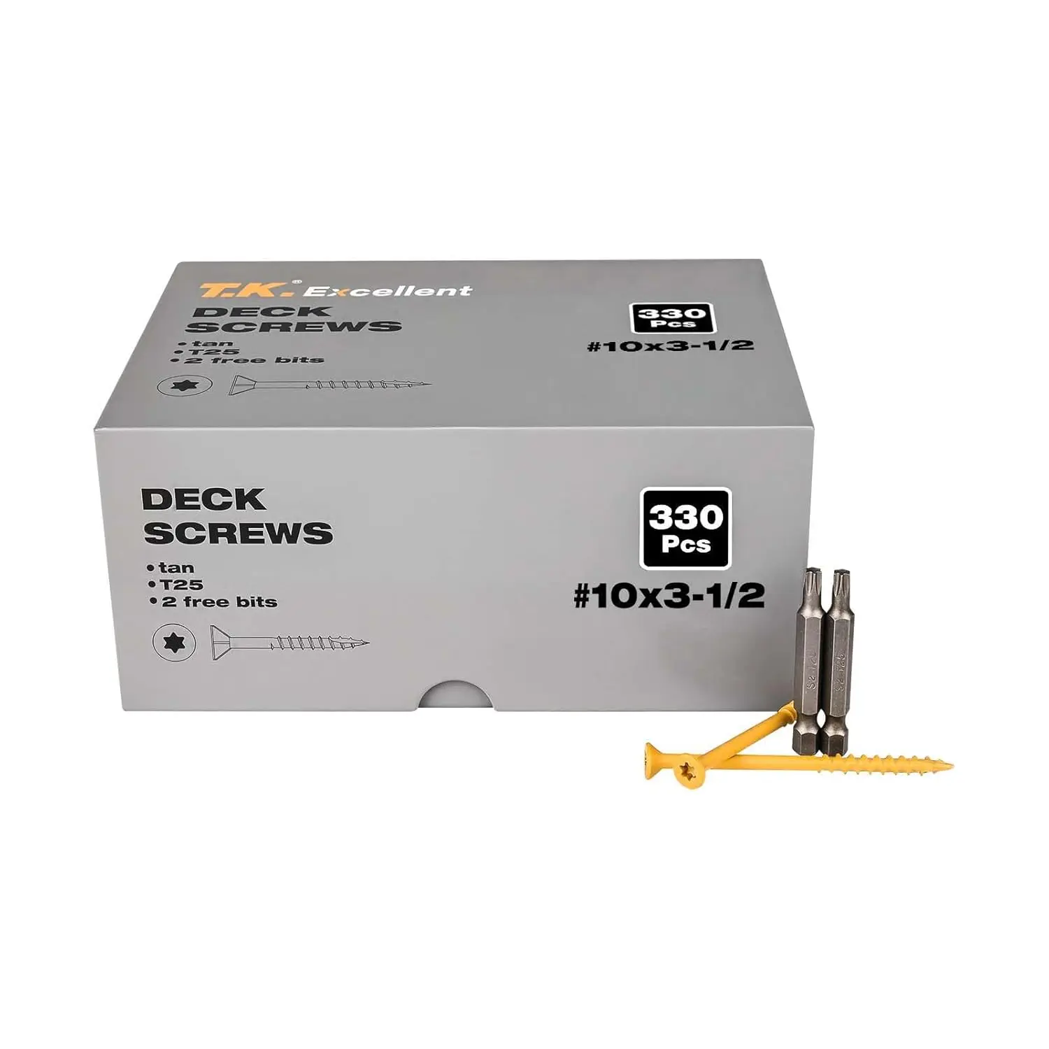 Deck Screws 3-1/2 Inch  Screws #10 x 3-1/2, 330 count, Rust Resistant Structural Fence Screws Torx Drive Screw, Two T25 Bits, Brilliant Yellow Ruspert Coating Rust Proof