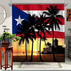 Sunset Beach Palm Tree Shower Curtain Polyester Fabric Bathroom Decor Bath Tub Divider Curtain with Hooks 72x72 Inches