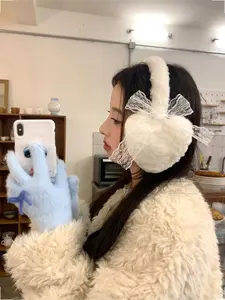 Winter Ear Muffs with Sweet Lace Bow, Fleece Ear Warmers for Ear Protection, Cycling Students' Cold-Proof Ear Covers, Heart-Shaped Ear Warmers, Ear Protectors