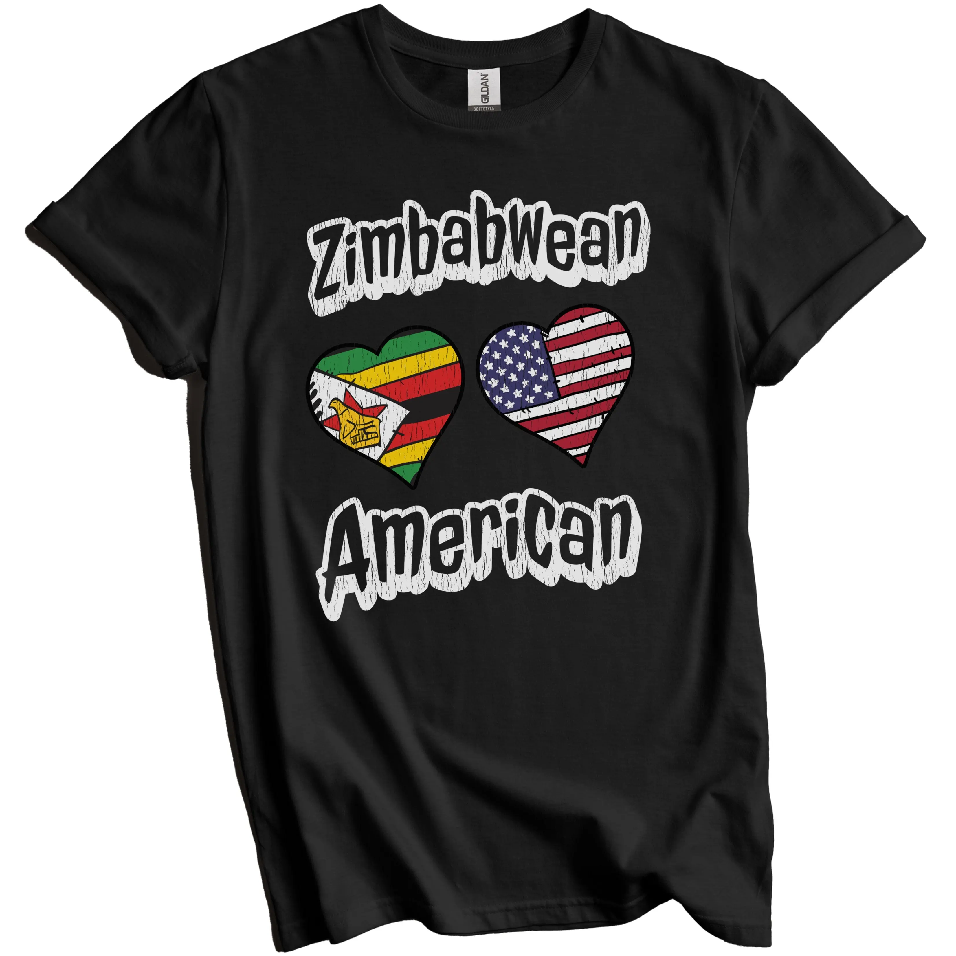 Zimbabwean American Flag Hearts Combo Zimbabwe Distressed T-Shirt
