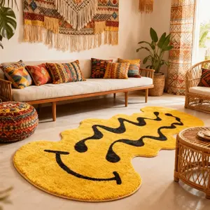 1pc Modern Indoor Home Decor Rug Living Room Yellow Carpet Twisted Smiling Face Bedroom Decoration Bedside Rug, Irregular Shape Play Area Non-slip Rug Cartoon Washable Floor Mat Large Area Sofa Coffee Table Plush Carpet