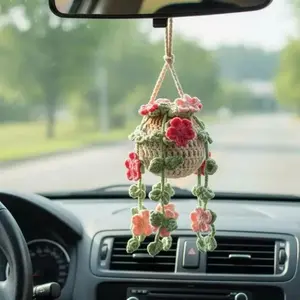 Cute Crochet Flower Hanging Plant, Car Hanger Ornament, Car Accessories, Beautiful Rearview Mirror Decoration, Handmade Car Interior Gift for Men and Women, Car Interior Accessory, Car Ornament