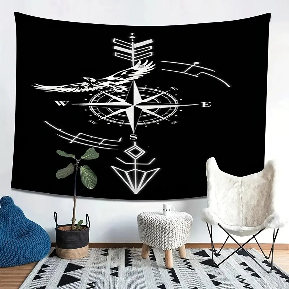 Eagle and Compass Print Linen Wall Tapestry - Lightweight Stylish Home Decor Cloth, Ideal for Dorm Privacy, Photography Mat