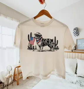 American Flag Dog Cowboy T-Shirt 2026 - Patriotic Australian Shepherd Gift Shirt | Unisex Retro Top