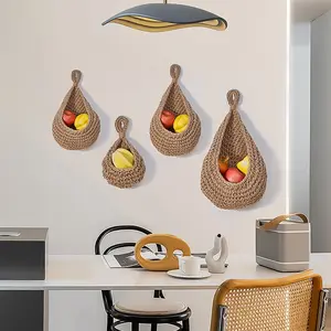 Wall-Mounted Vegetable Storage Basket Set, Handmade Cotton Rope Nest Hanging Fruit Holder, Water Drop Net Pouches for Kitchen Organization
