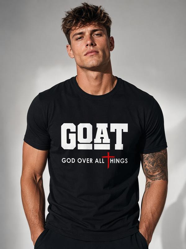 Men's Fitted Short-Sleeve Cotton Tee - Classic Bold Spiritual Graphic Print, GOAT God Over All Things Faith Statement, Cross Accent, Crew Neck, Normal Type, Modern Casual Top, Cold Wash Machine-Washable Fabric