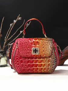 Elegant Crocodile Embossed Satchel with Floral Turn-lock, Gradient Red-Orange Crossbody Shoulder Bag, Removable Strap for Work & Events