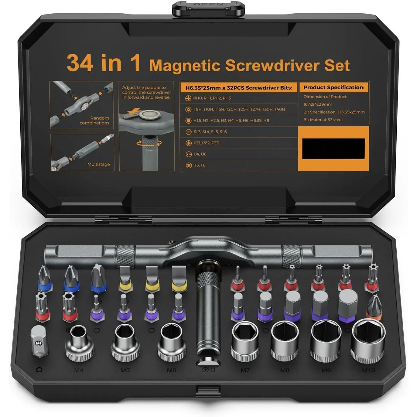 34-in-1 Ratchet Bit Screwdriver Set with 40 nm Torque, 1/4″ Socket Adapter, 24 Bits, 7 Hex Sockets, Modular Handle - DIY Hand Tool Kit for Continuous Tightening & Loosening, Furniture Repairs, 34-In-1 Set