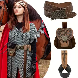 3pcs Medieval Viking Embossed Rivet Belt Set, Renaissance Coin Bag, Ethnic Pattern Print Sword Sheath, PU Leather Waistband
