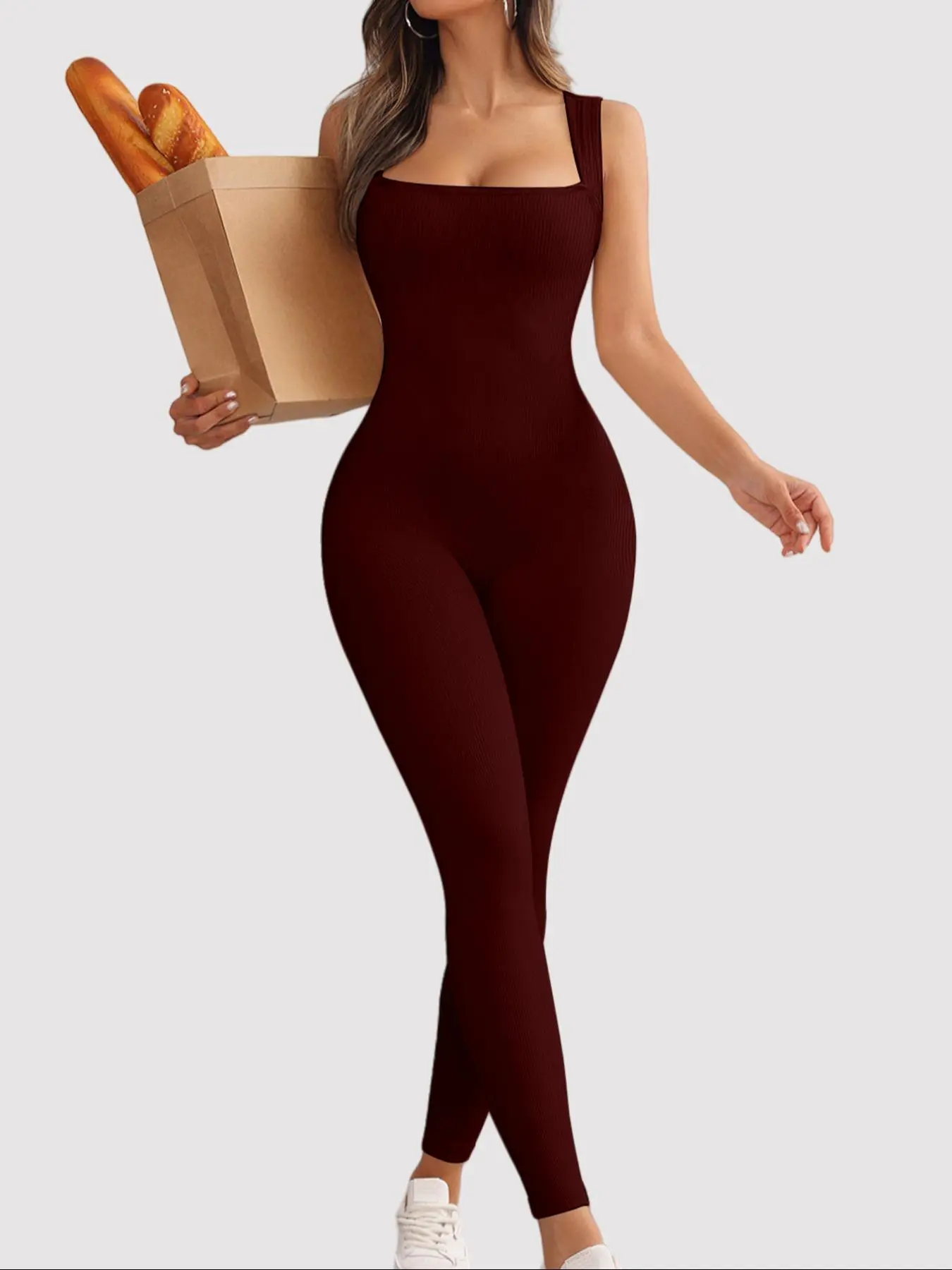 Women's Solid Square Neck Sports Jumpsuit, Casual Comfy Sleeveless   Jumpsuit for Yoga Gym Workout, Ladies Sportswear for All Seasons