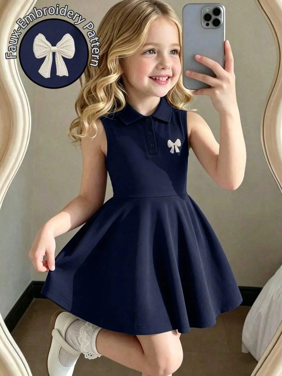 Girls Summer Back to School Dress, Navy Sleeveless Polo A-Line Dress with Bow Patch for Tweens