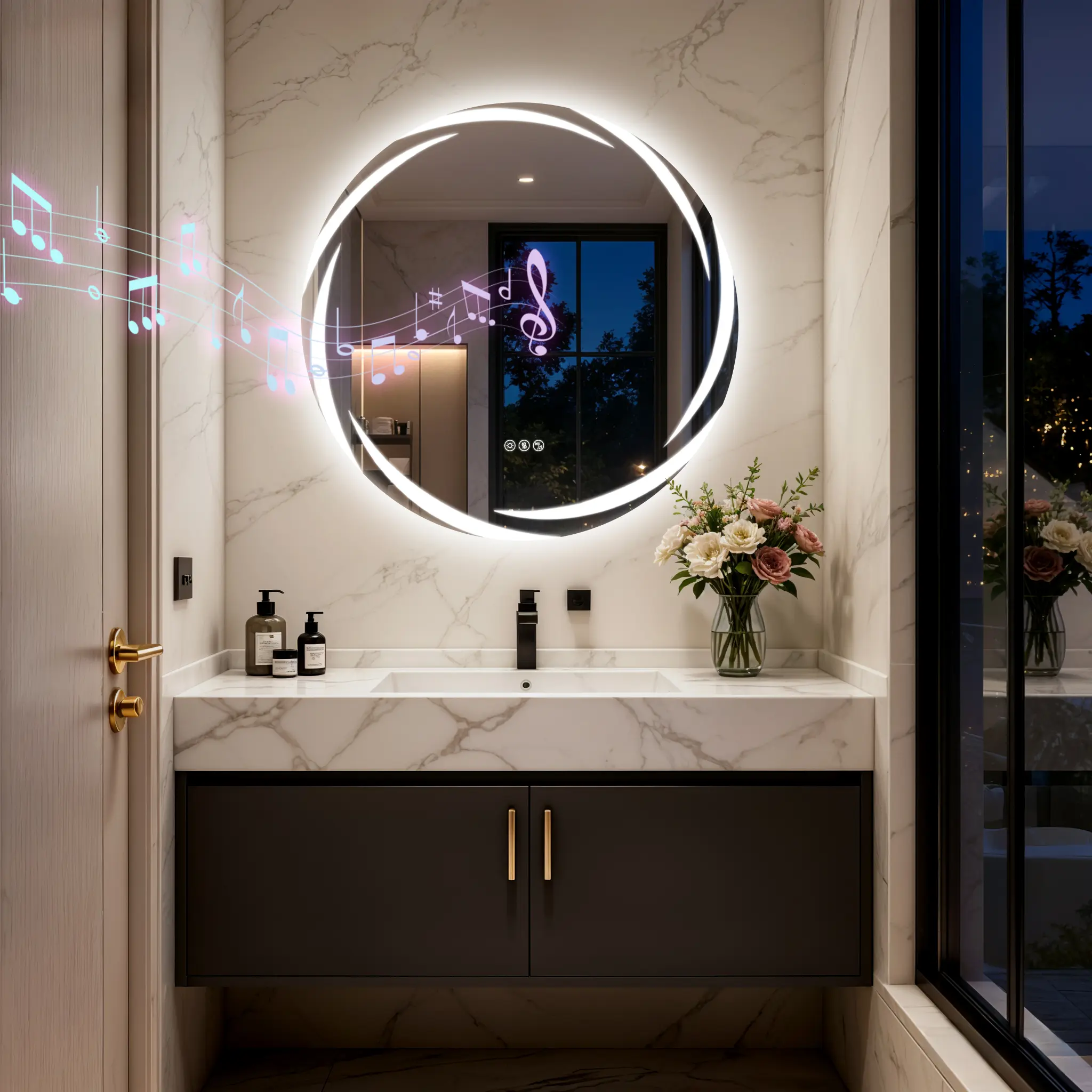 31.5 in Smart LED Bluetooth Bathroom Mirror with Speakers, Round Adjustable Backlit Vanity Mirror for Over Sink, 3 Color Temperatures, Anti-Fog, Memory, Wall-Mounted Modern Fixture, Smart Mirror Bathroom, Adjustable Led Mirror