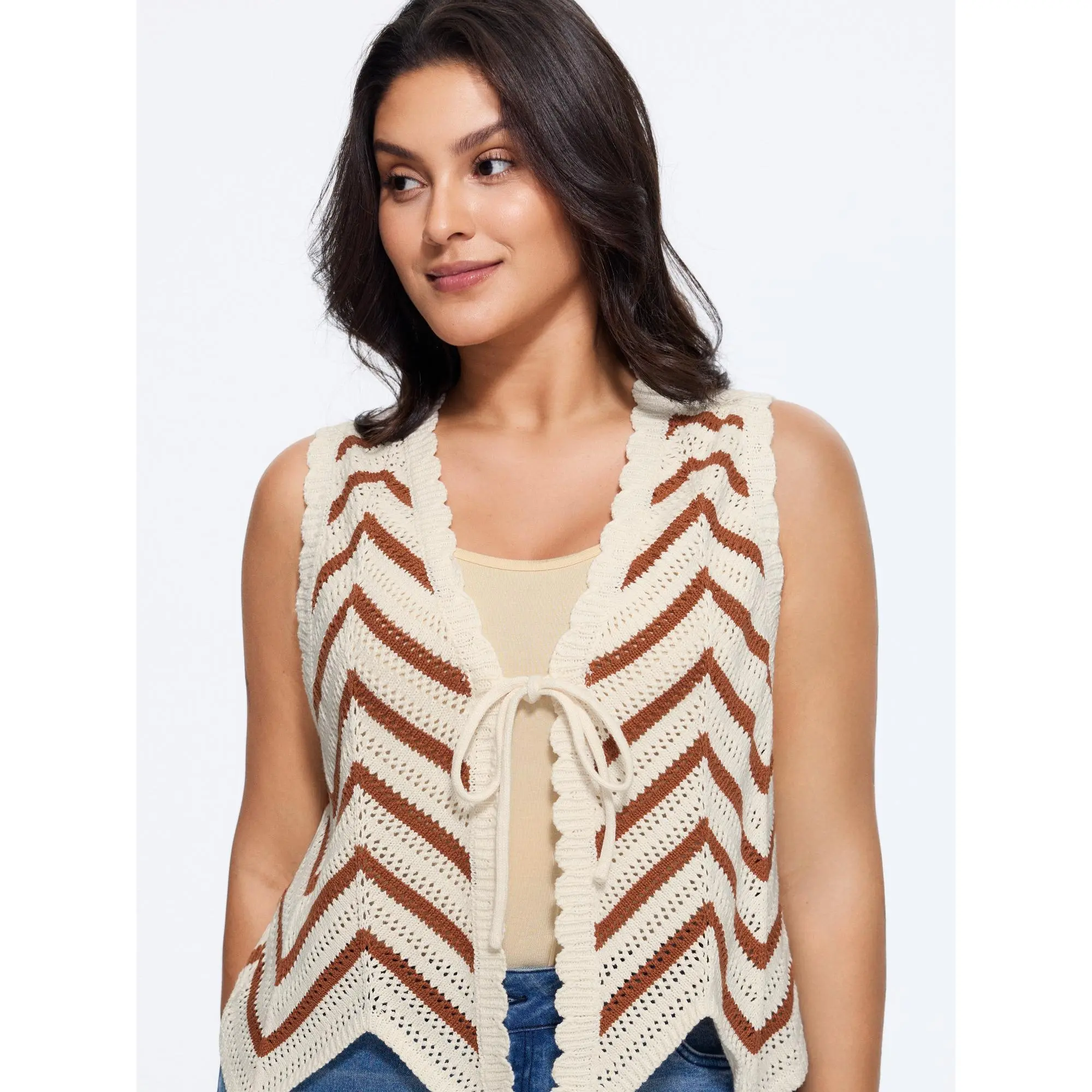 BloomChic Women's Plus Size Sleeveless Chevron Knit Sweater Vest - Scallop Edge, Front Tie, Flat Fit, 2026 Summer Finds, Quality Fabric Garment [M-6X], Lady, Casual, Tops