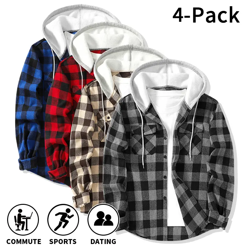 Men's Vintage Color-Block Plaid Flannel Hooded Shirts - 4-Pack/1-Pack Classic Long Sleeve Jackets, Loose Casual Drawstring Relaxed Fit Tops, Suitable for Street Photography, Commuting Menswear, Stylish, Checked, Set, Retro, Sleeves, Polyester, Drawstrings