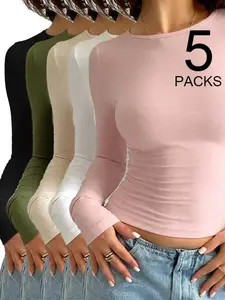Women's 5-Pack Slim Fit Long Sleeve Crop Tops. Buttery Soft Stretchy Modal Fabric, Crew Neck Ruched Waist Basic Layering Tees | Essential Wardrobe Staple for Daily Wear & Going Out |Multi-Color Sets Available