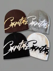 Y2K Star Knit Textured Beanie Hat, Unisex Streetwear Party Cap, Asymmetrical Design, Fitted Style, Vintage Millennium Fashion