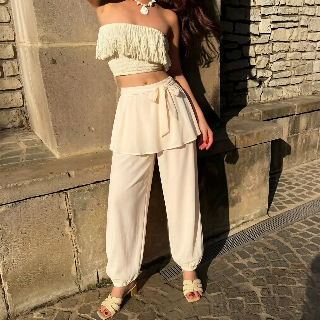 Women's Harem Leg Pants Elastic Waist Solid Color Tie Front Skirt Pants Casual Beach Trousers