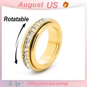Rexviao Unisex 360-Degree Rotatable Titanium Steel Spinning Ring with Cubic Zirconia, Glamorous Fashionable Jewelry Accessories, Anxiety Relief, Comfortable Fit, Sizes 5-12