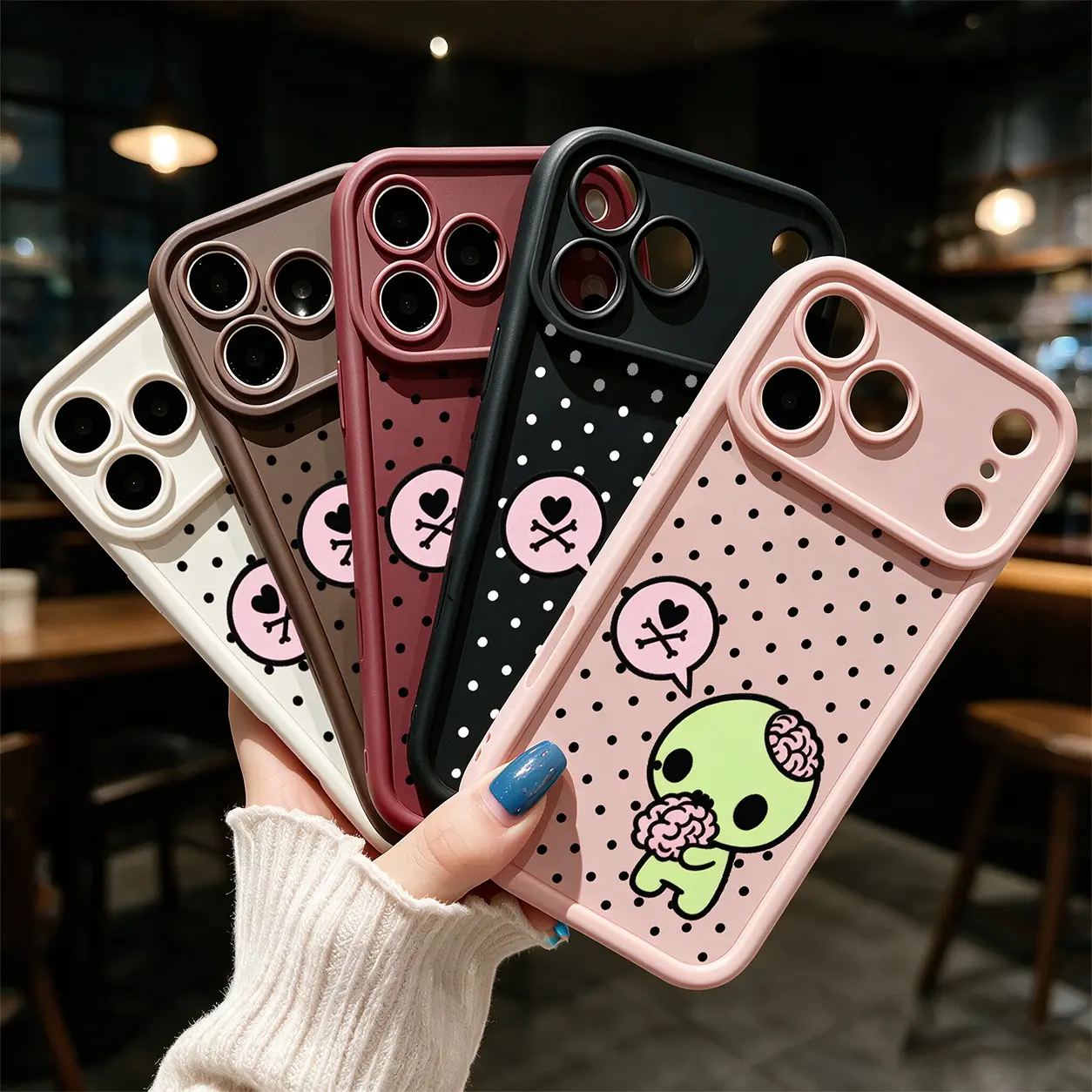 Kawaii Emo Zombie Phone Case for iPhone 17 Pro Max 16 15 14 13 12 11 XR X & Samsung22-26 ULTRA - Cute Pink Black Polka Dot Skull & Brain Character Soft TPU Shockproof Cover with Camera Lens Protection, Y2K Aesthetic Gift for Girls Boys