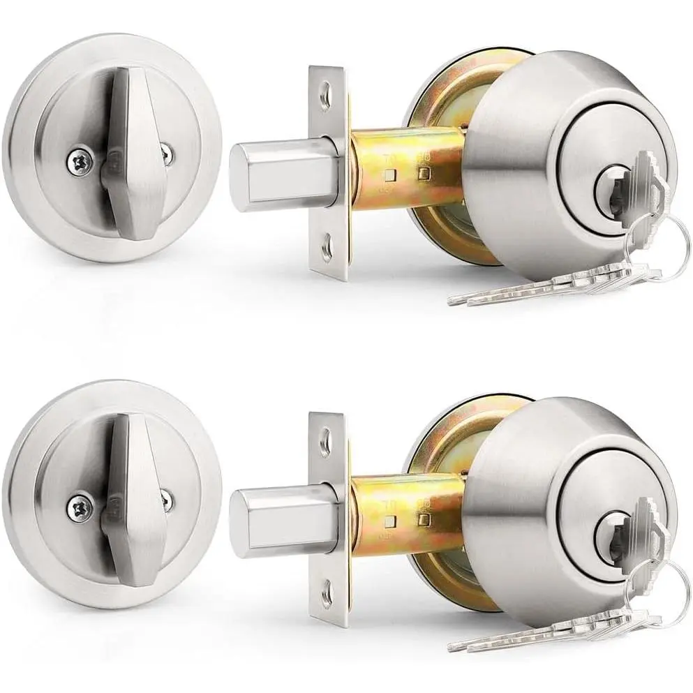 (2 Pack) Keyed Alike Single Cylinder Deadbolts Brushed Nickel (Combo Packs), Keyway  Handleset, 3  Anti- Interior& Exterior Door Hardware (for Entrance Lock and Front Gate)