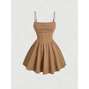Women's Pleated Waist & Strap & A-Line Dress,Sun Dress