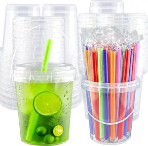 30-Set Disposable Bucket-Shape Cups (34oz) with Lids, Plastic Straws & Handles, Leakproof, Heat-Resistant, Corrosion-Resistant, Convenient Disposable Tableware for Outdoor Holidays, Wedding Parties, Ideal for Cold Drinks, Milkshakes & Smoothies