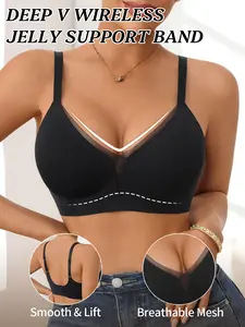 1/3pcs Women's Wireless Jelly Bra, Deep V Design, Breathable Mesh, No Underwire, Removable Pads, Casual Fitted Basic Bra for Daily Wear