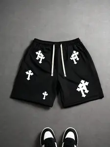 Trendy Unisex High-Street Shorts, Black Casual With Cross Logo Print, Elastic Waist, Perfect for Daily Wear & Fashion Street Looks, Casual Streetwear Shorts