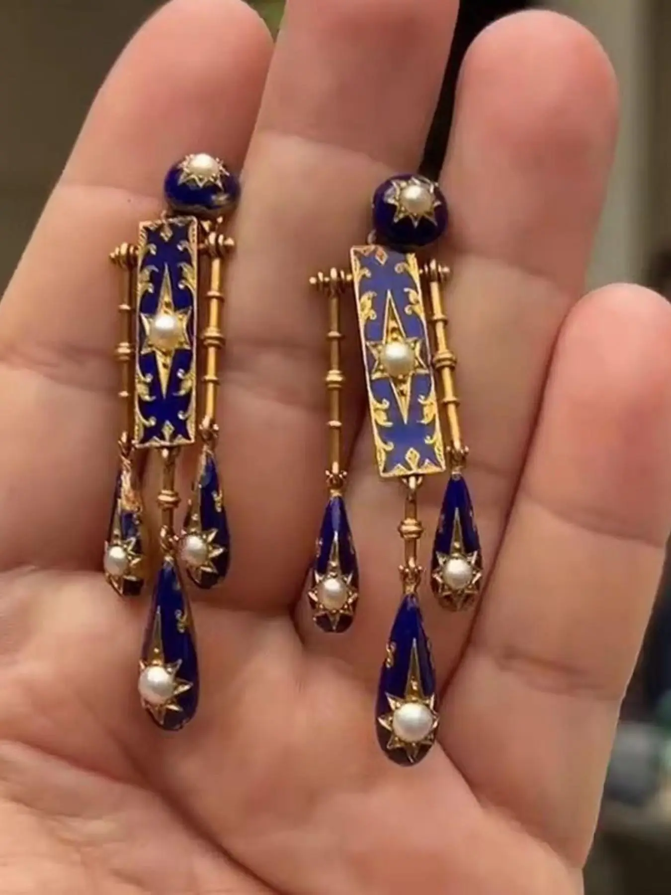 Vintage Blue Octagon Pearl Fringe Earrings for Women, Unique Design Earrings, Courtly Medieval Style Deep Blue Enamel Party Jewelry, Elegant Evening Accessories