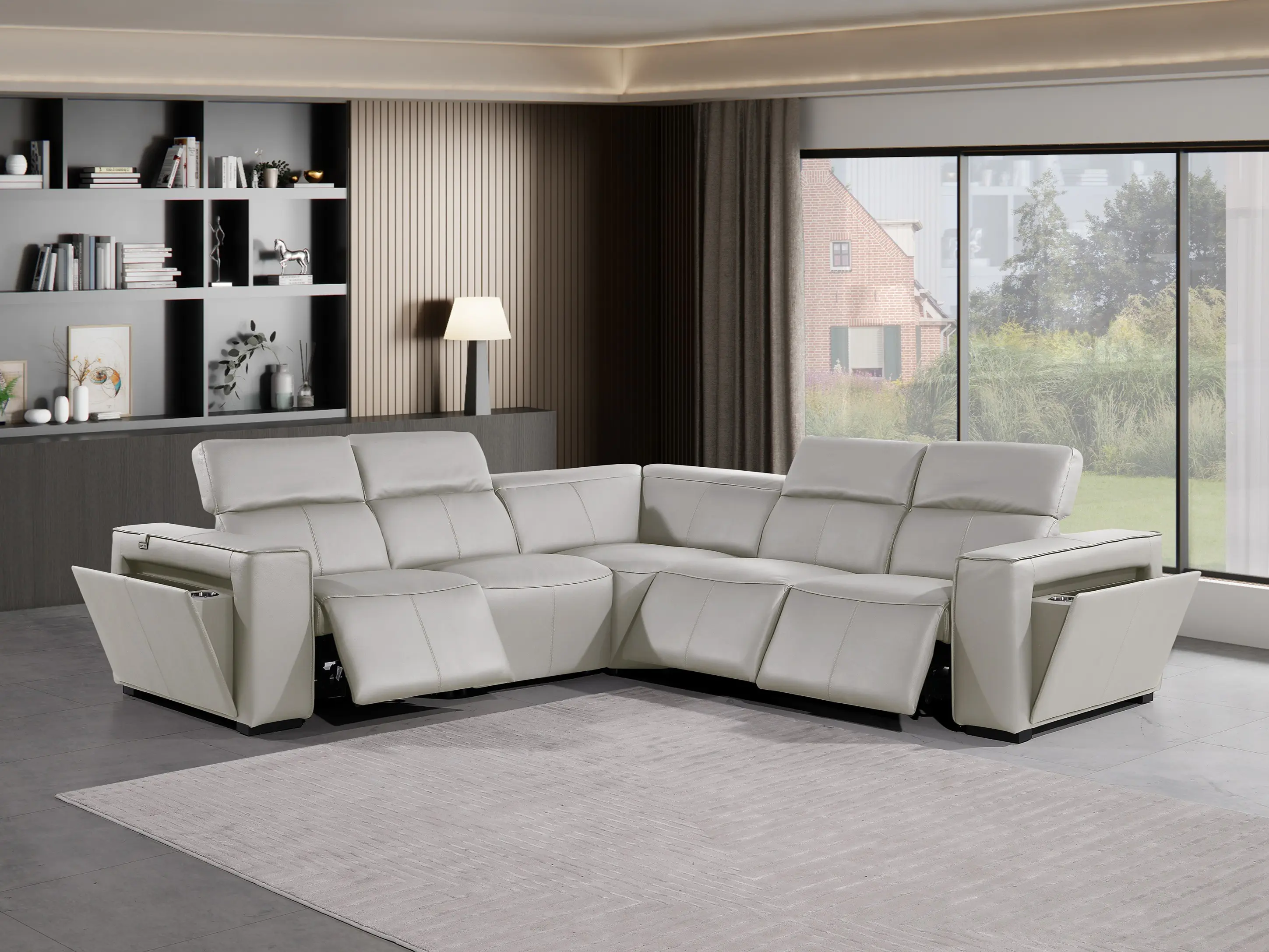 Global United 1224LG-5PC Italian Leather Power Reclining Sectional Sofa, 5-Piece with 3 Power Recliners, 112.5" x 112.5" x 41", DivanItalia Light Grey, Adjustable Headrests, Durable Black Legs, Assembly Required