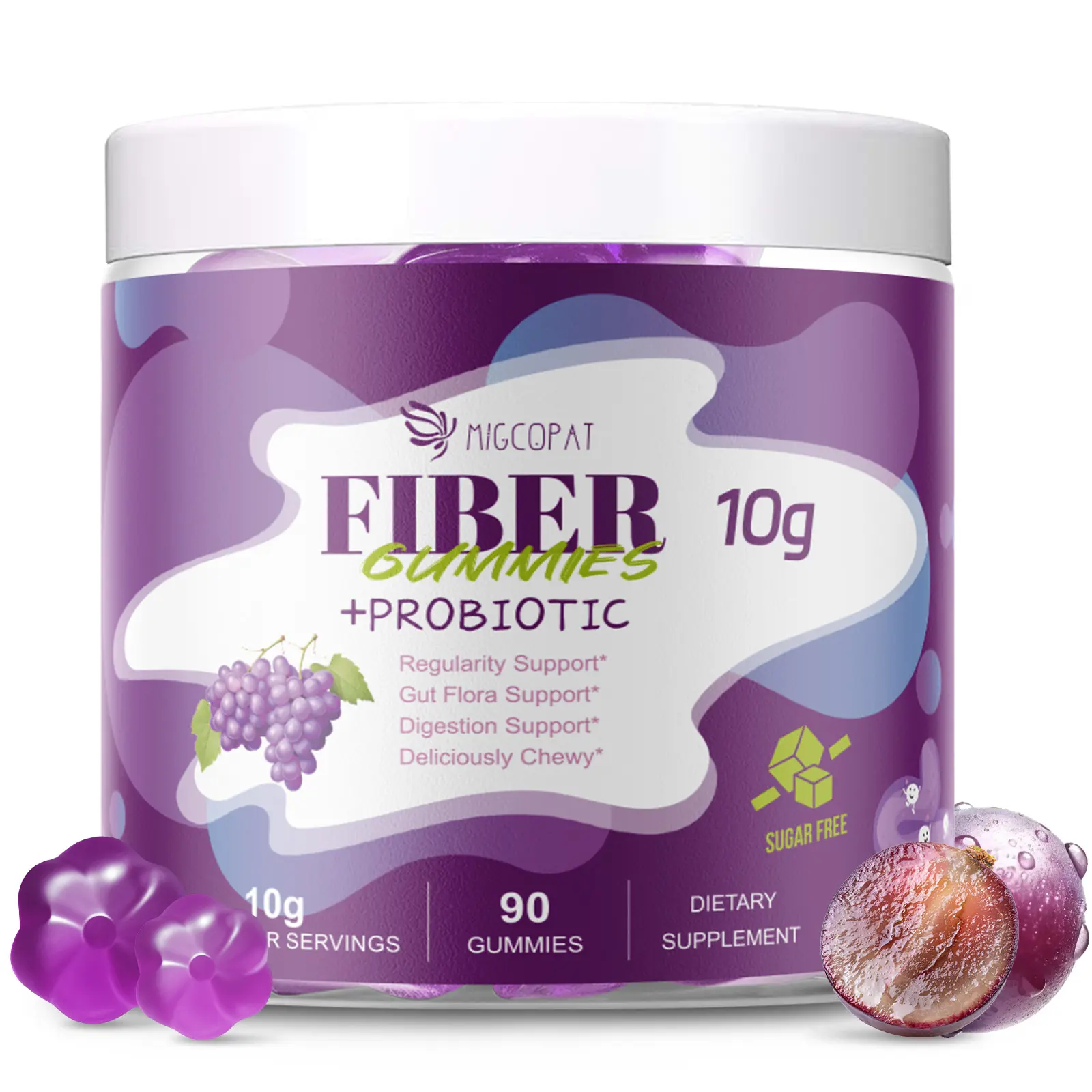 Migcopat Chewable Anti Bloat Probiotic & Prebiotic Supplements - Sugar-Free 3-in-1 Formula (Prebiotics, Probiotics, Postbiotics) - 30B CFU, Apple Cider Vinegar, Inulin, Vitamin C - Digestive Health Support - Grape Flavor, 90 Count Dietary Supplement