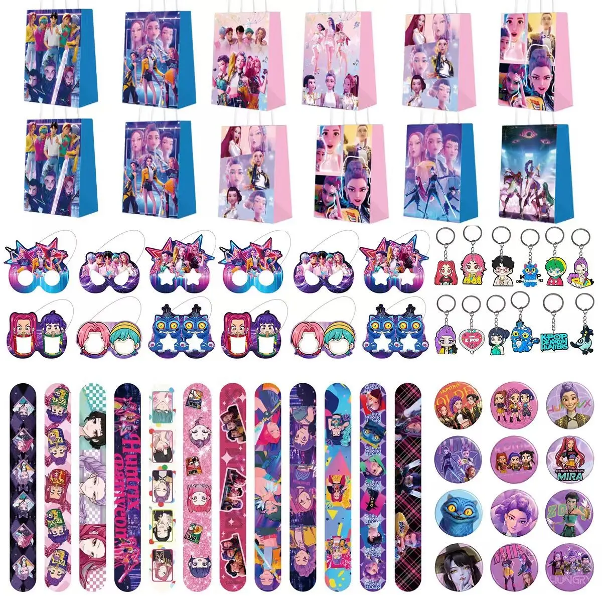 Korean cartoon girl group birthday party gift set of five items: 12 bracelets, 12 keychains, 12 gift bags, 12 badges, 12 decorative glasses. This will be the best choice for a party gathering. Party Favor Packs