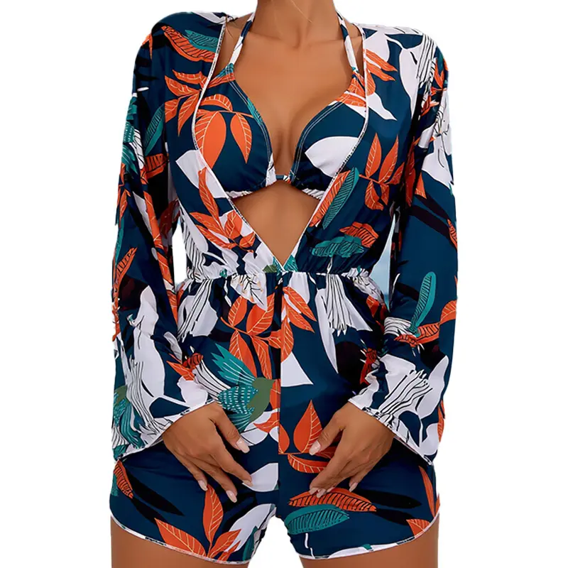Women's Polyester Bohemian Tropical Leaf Print 3-Piece Bikini Set - Female Spaghetti Strap Triangle Bikini with Removable Pads, High Waist, Long-Sleeve Cover-Up, for Beach Trip, Pool Party, Leaf Pattern